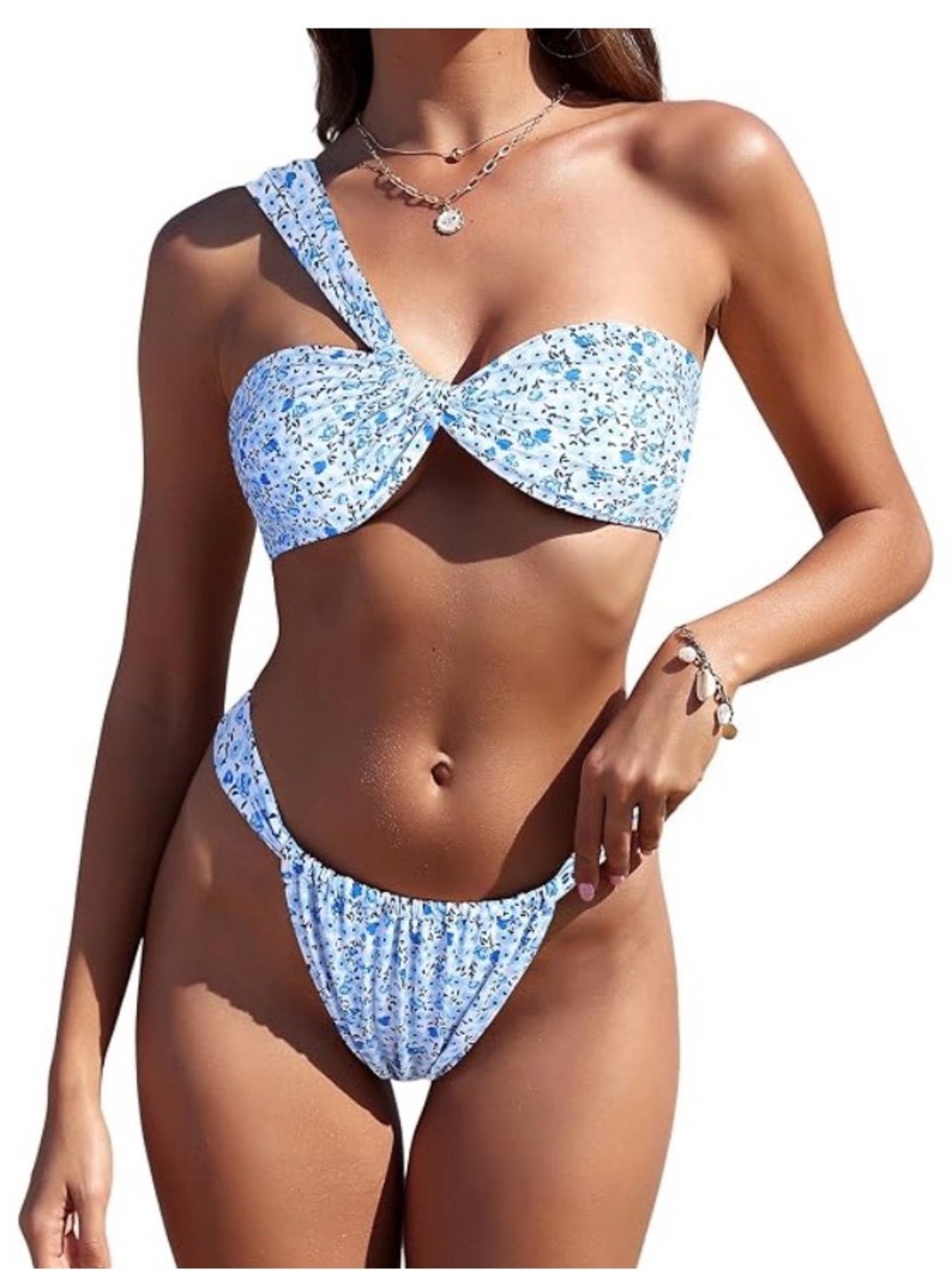 One-Shoulder Blue Floral Bikini Set medium